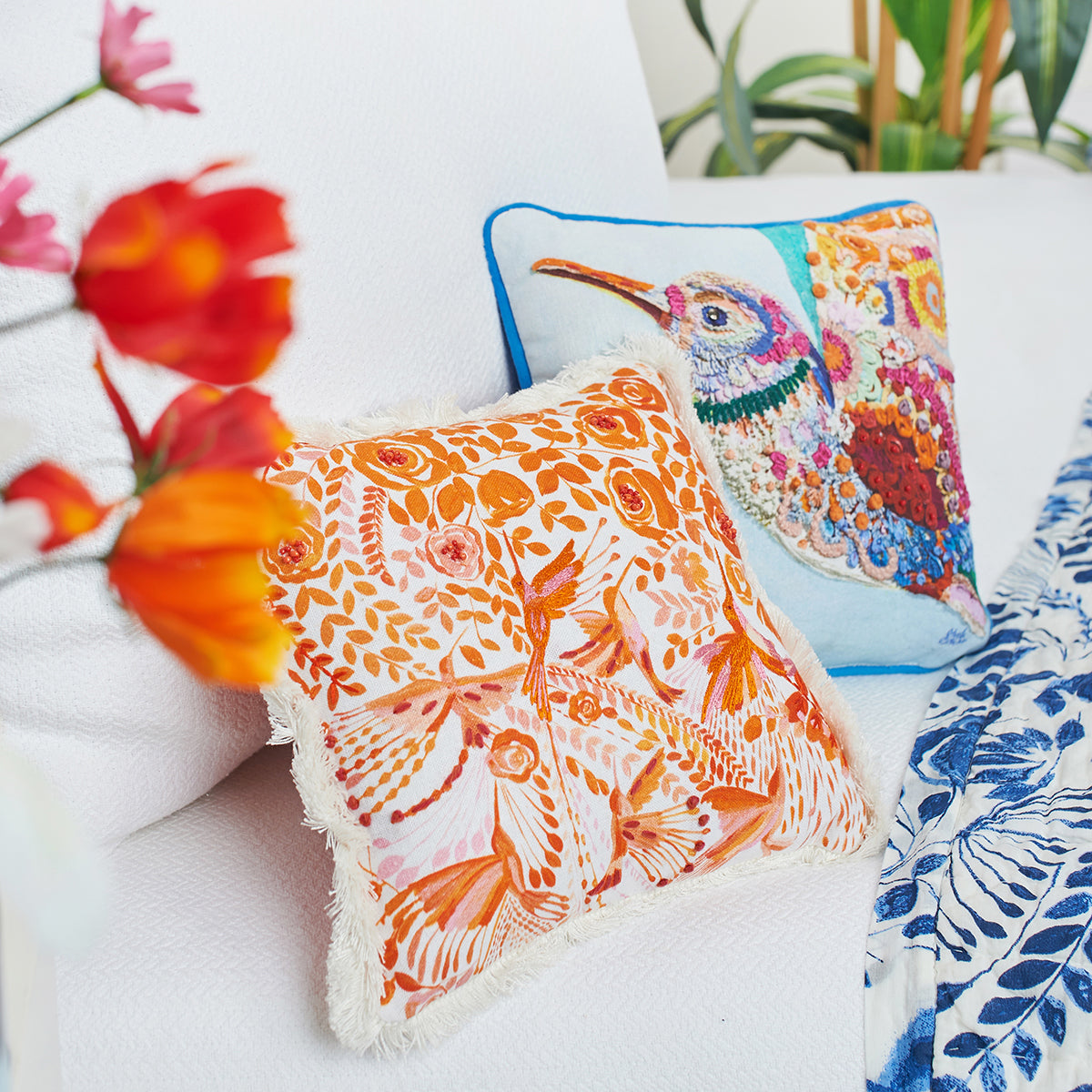 Hummingbird Floral Pillow