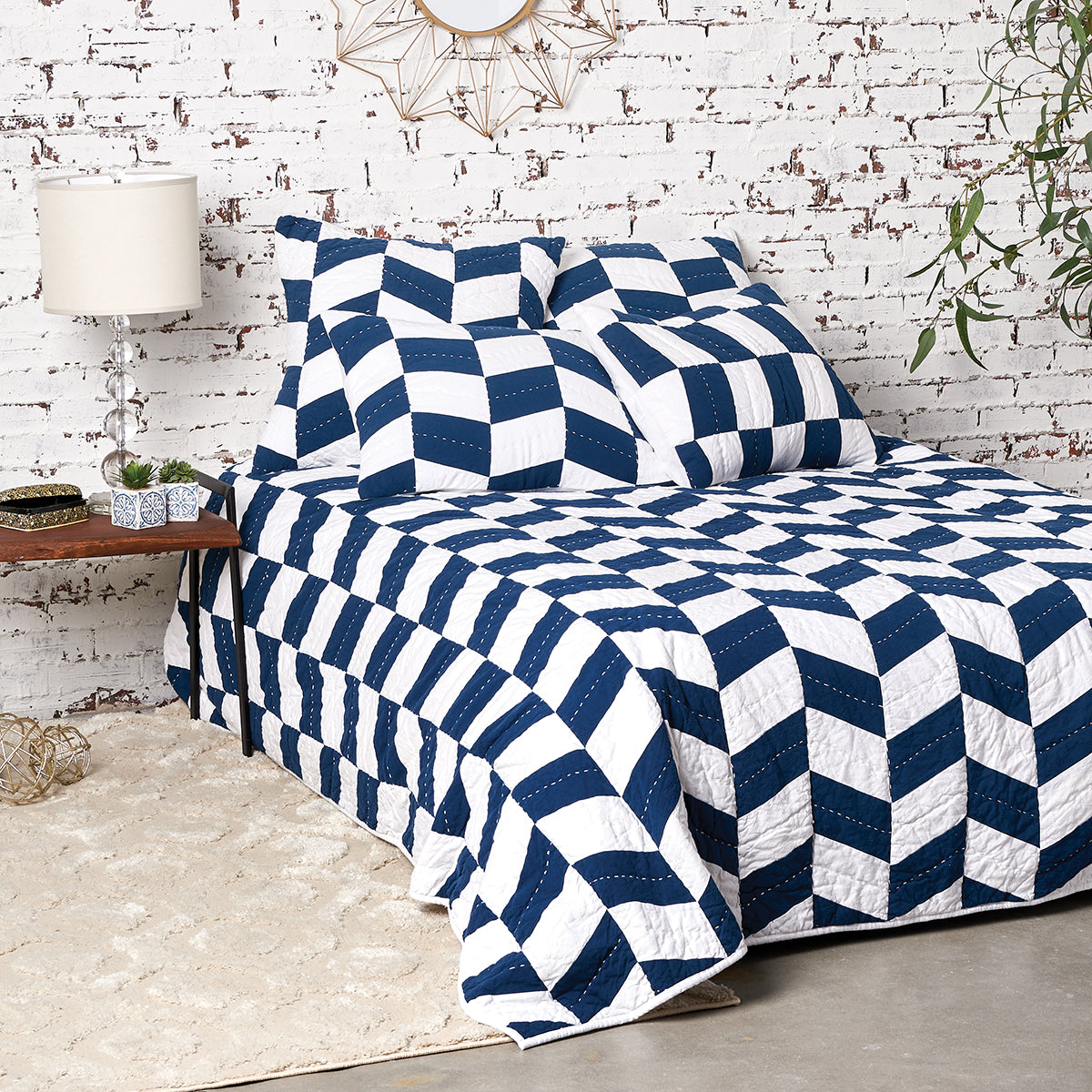 herringbone patch indigo quilt