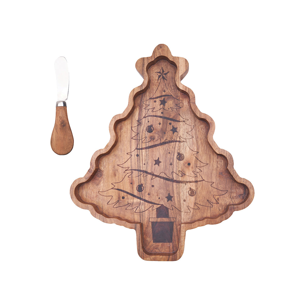 Christmas Tree Acacia Wood Serving Board & Spreader Set