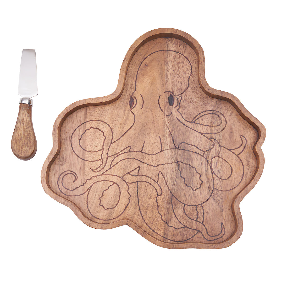 Octopus Acacia Wood Serving Board & Spreader Set