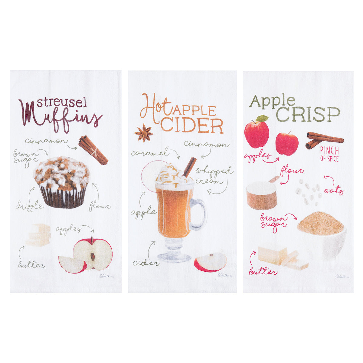Apple Cider, Crisp & Streusel Printed Kitchen Towel, Set of 3