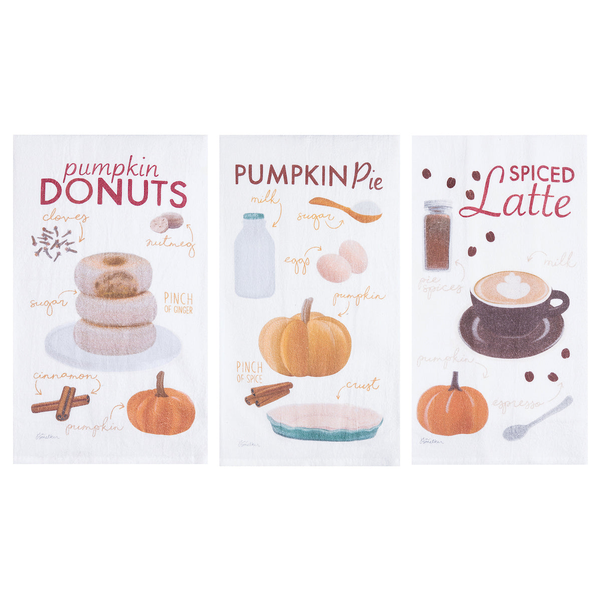 Pumpkin Pie, Donut, & Latte Printed Kitchen Towel, Set of 3