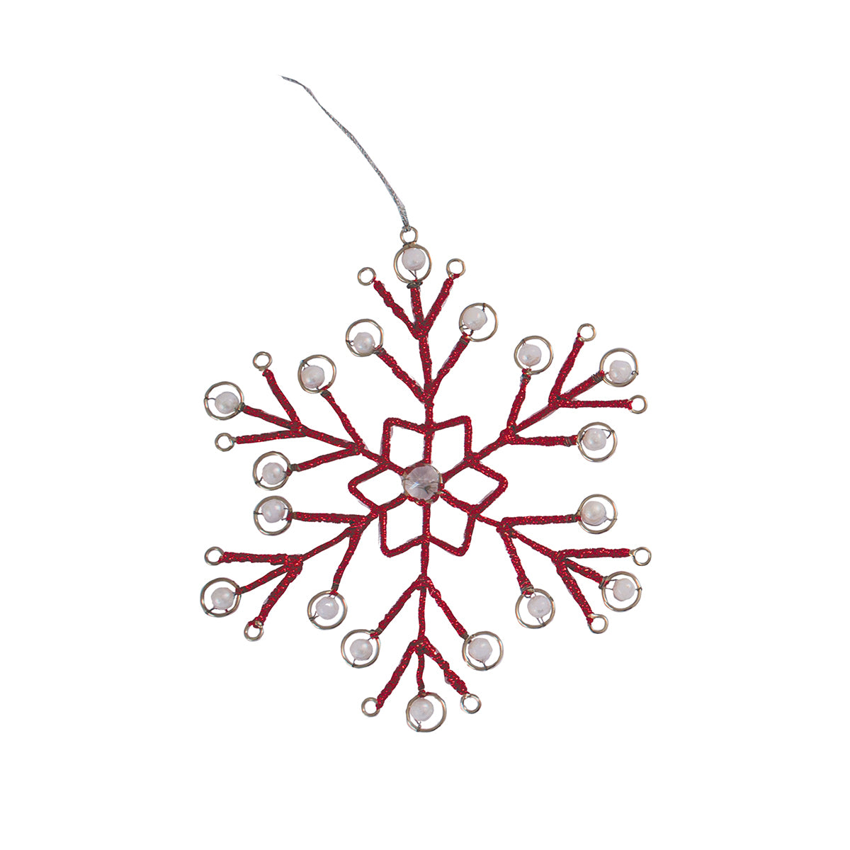 Red Tinsel Snowflake Ornament