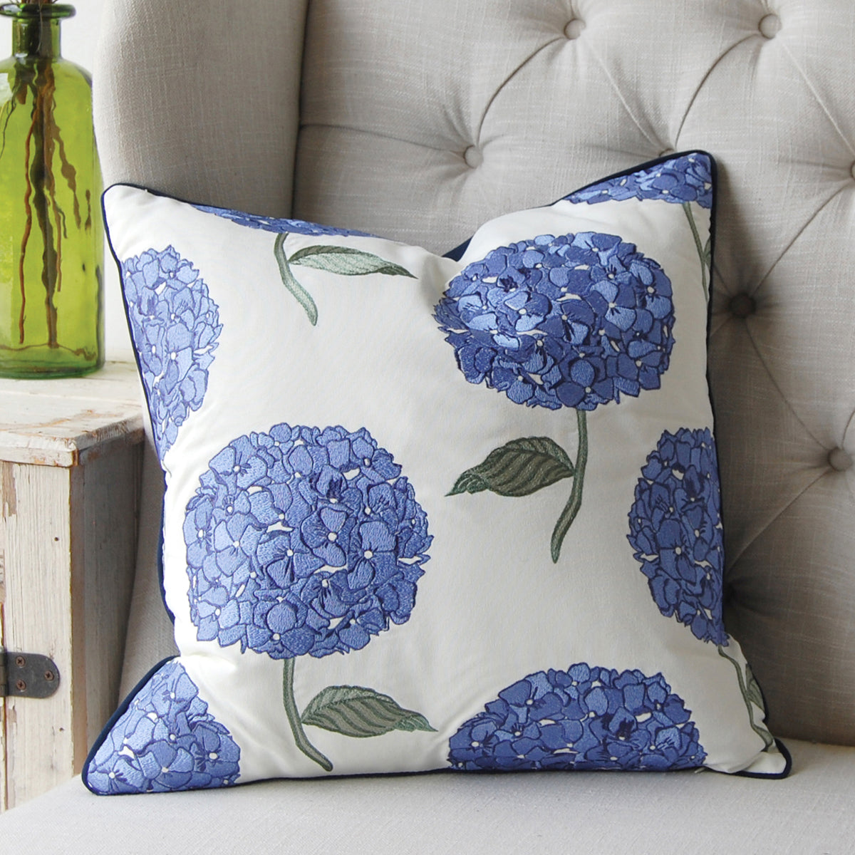 Blue Hydrangea on White Indoor Outdoor Pillow