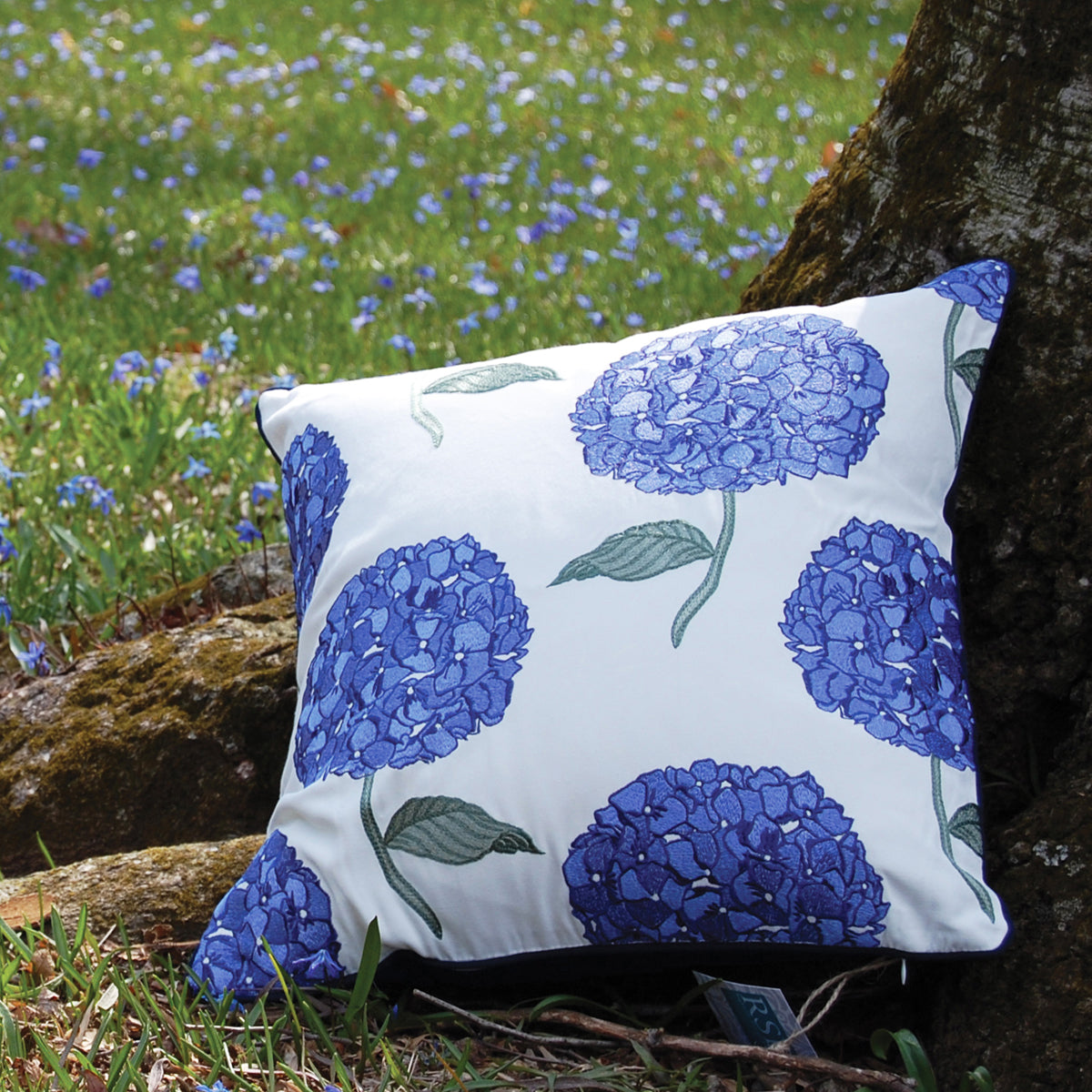 Blue Hydrangea on White Indoor Outdoor Pillow