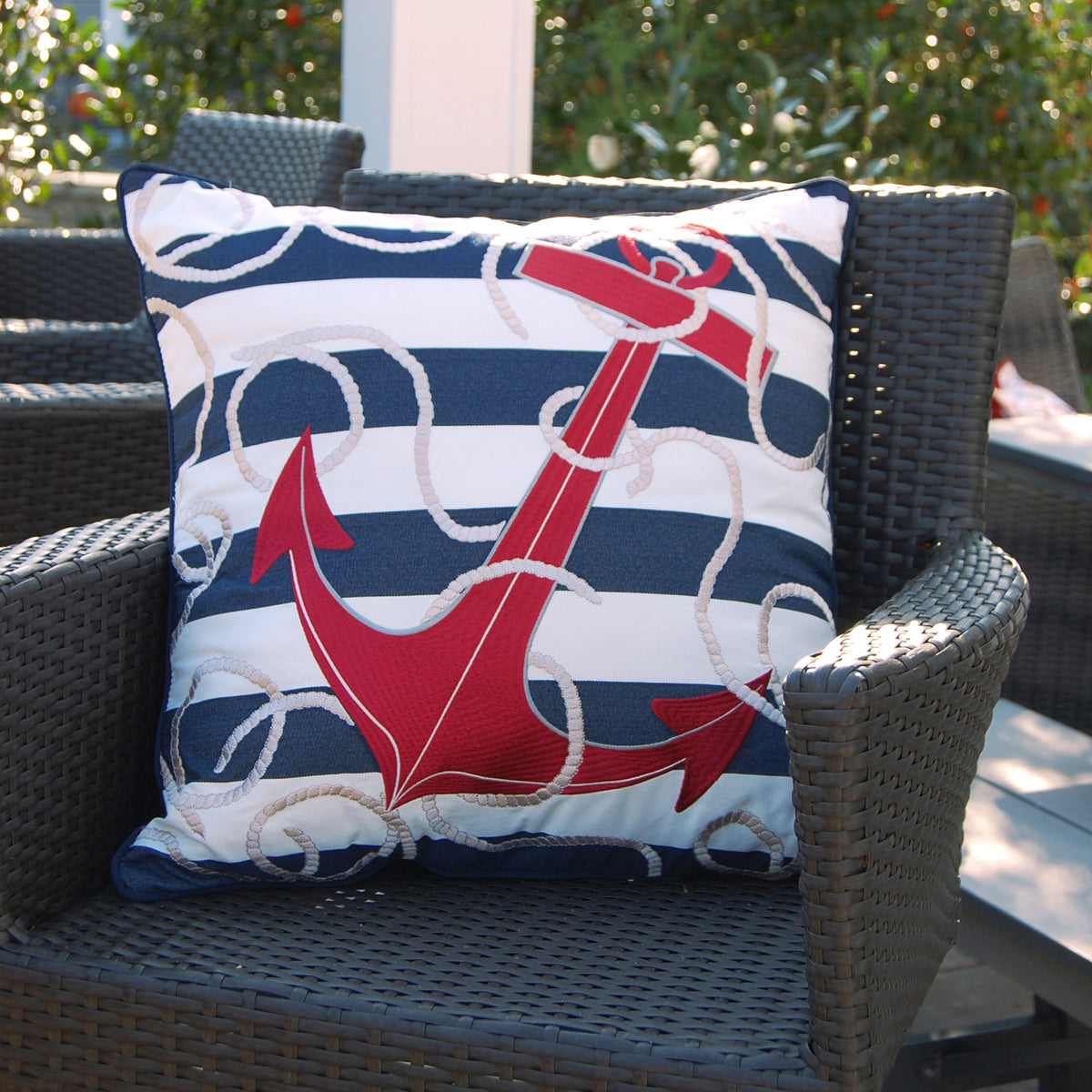 Blue Stripe Red Anchor Indoor Outdoor Pillow