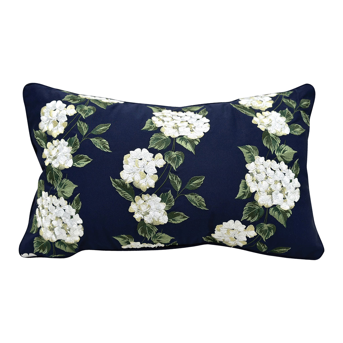 White Hydrangea on Navy Lumbar Indoor Outdoor Pillow
